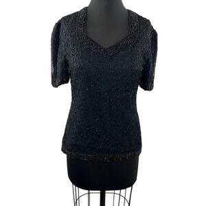 Vintage STENAY Black Beaded Embellished Silk Blouse Party Evening Holiday VTG M